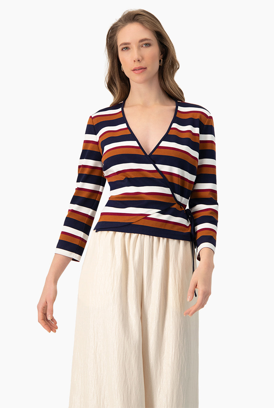 Blusa cruzada multicolor con escote en V y lazo lateral