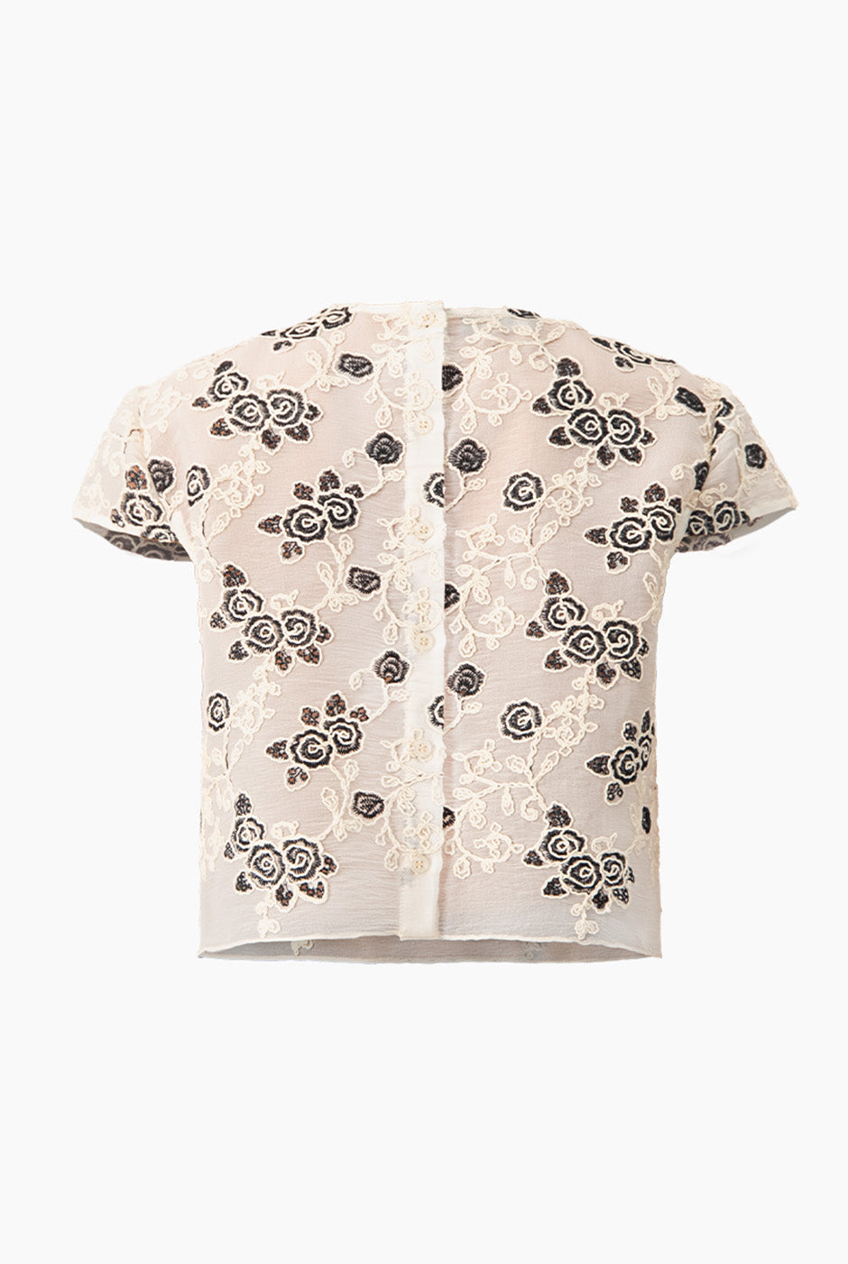 Blusa corta natural con cuello redondo y bordado floral