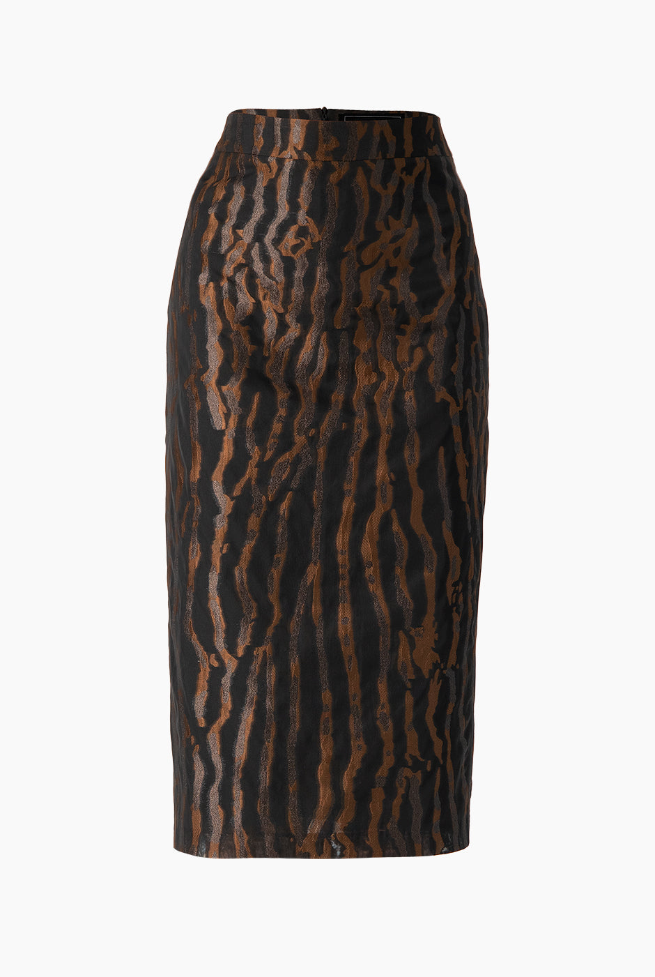 Falda negra midi con estampado animal print y abertura trasera