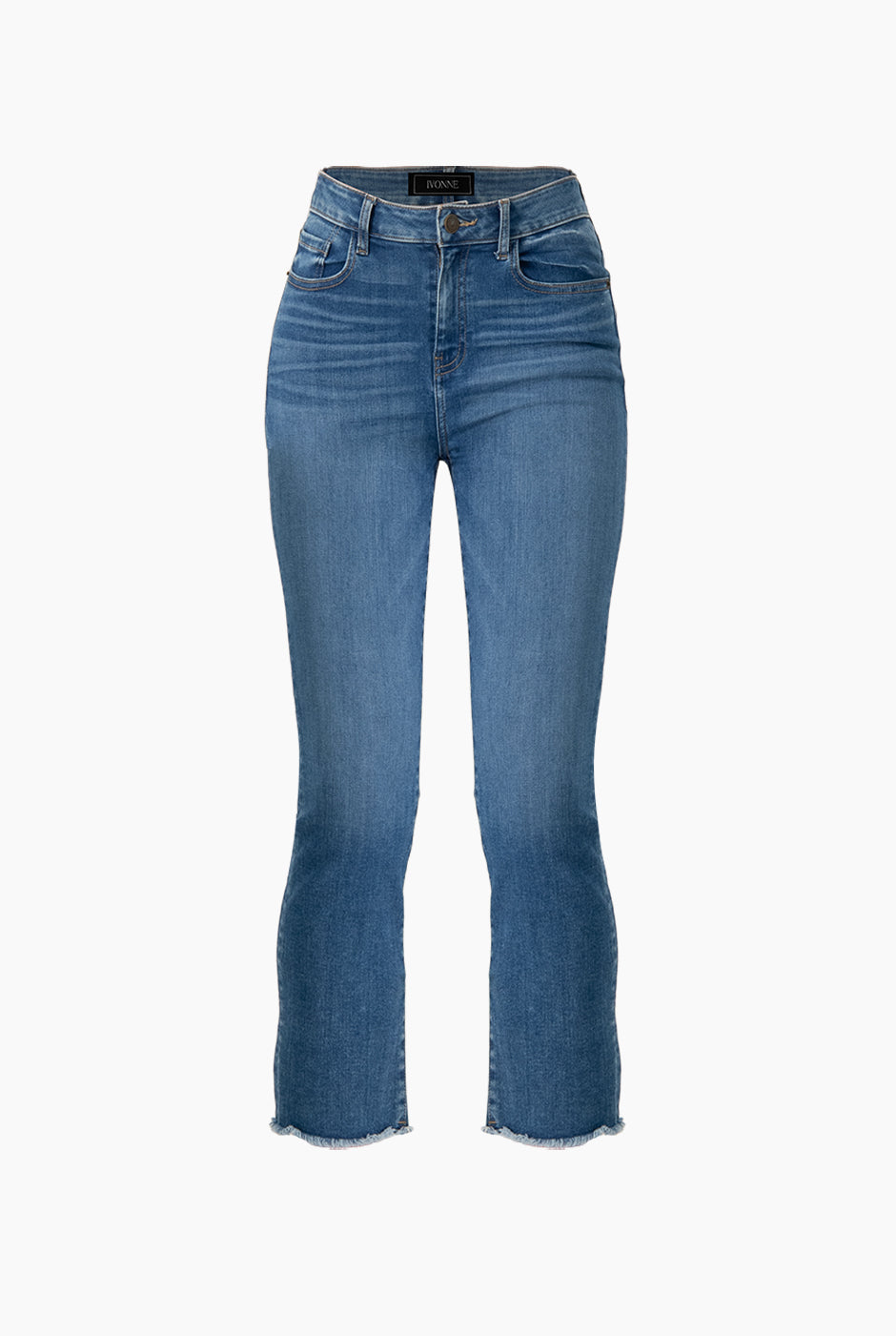 Jeans skinny azul con detalle deshilachado y bolsillos traseros.