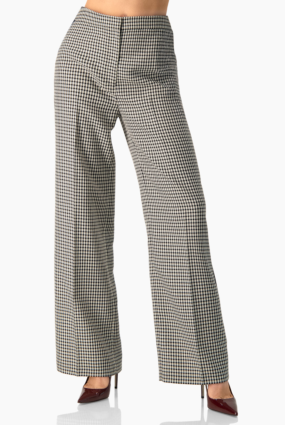 Pantalón negro de pierna amplia con estampado de cuadros y banda lateral