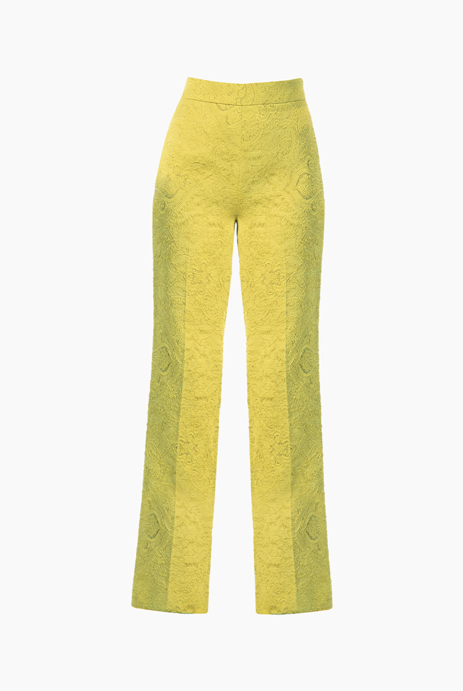 Pantalón verde de pierna amplia con textura visible y dobladillo ancho