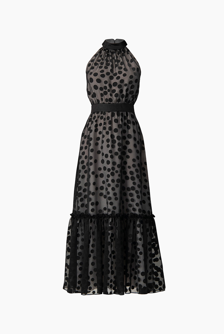 Vestido maxi negro con lunares y cuello halter