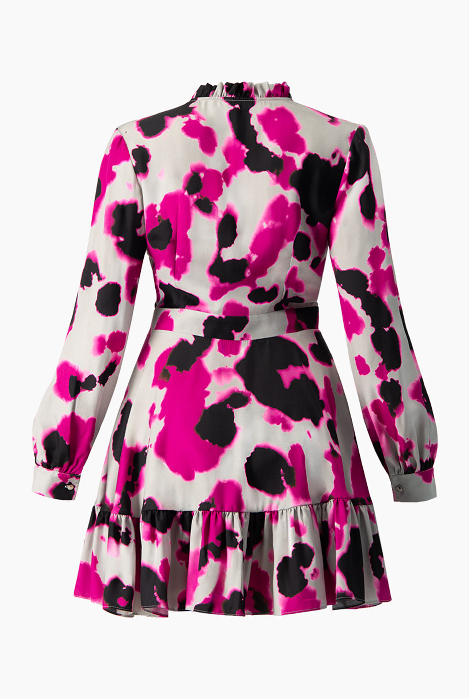 Vestido corto estampado multicolor con mangas largas y cuello alto