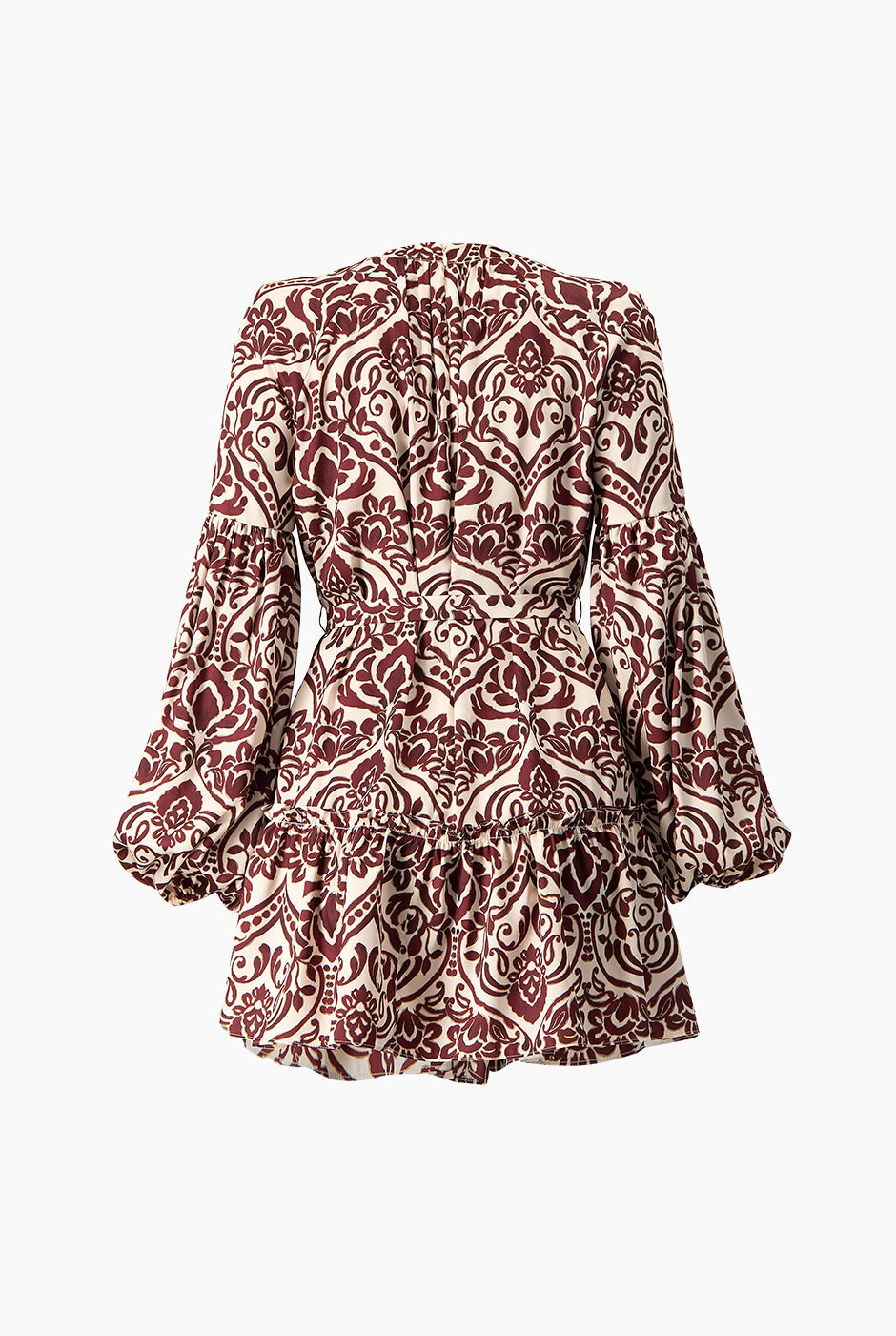 Vestido corto estampado vino con manga larga y cuello redondo
