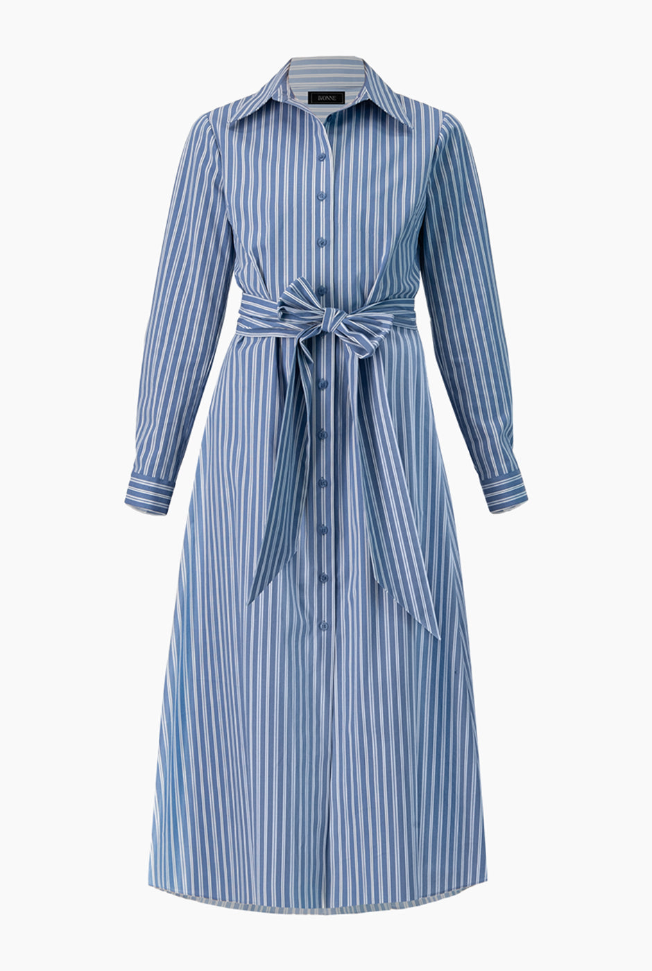 Vestido largo azul con rayas, manga larga y cinta en cintura