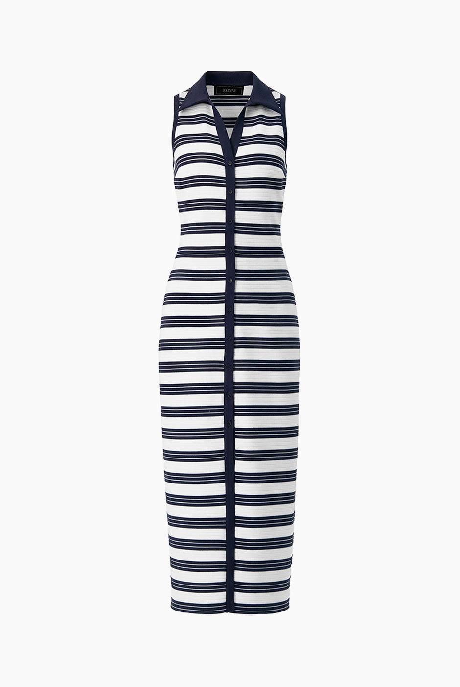 Vestido largo rayado sin mangas azul marino con escote en V