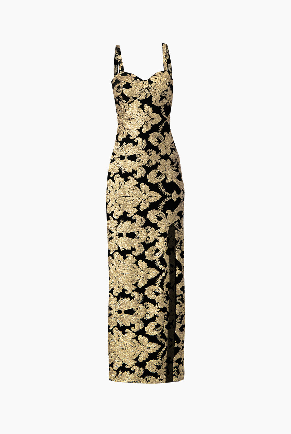 Vestido largo dorado con lentejuelas y abertura lateral