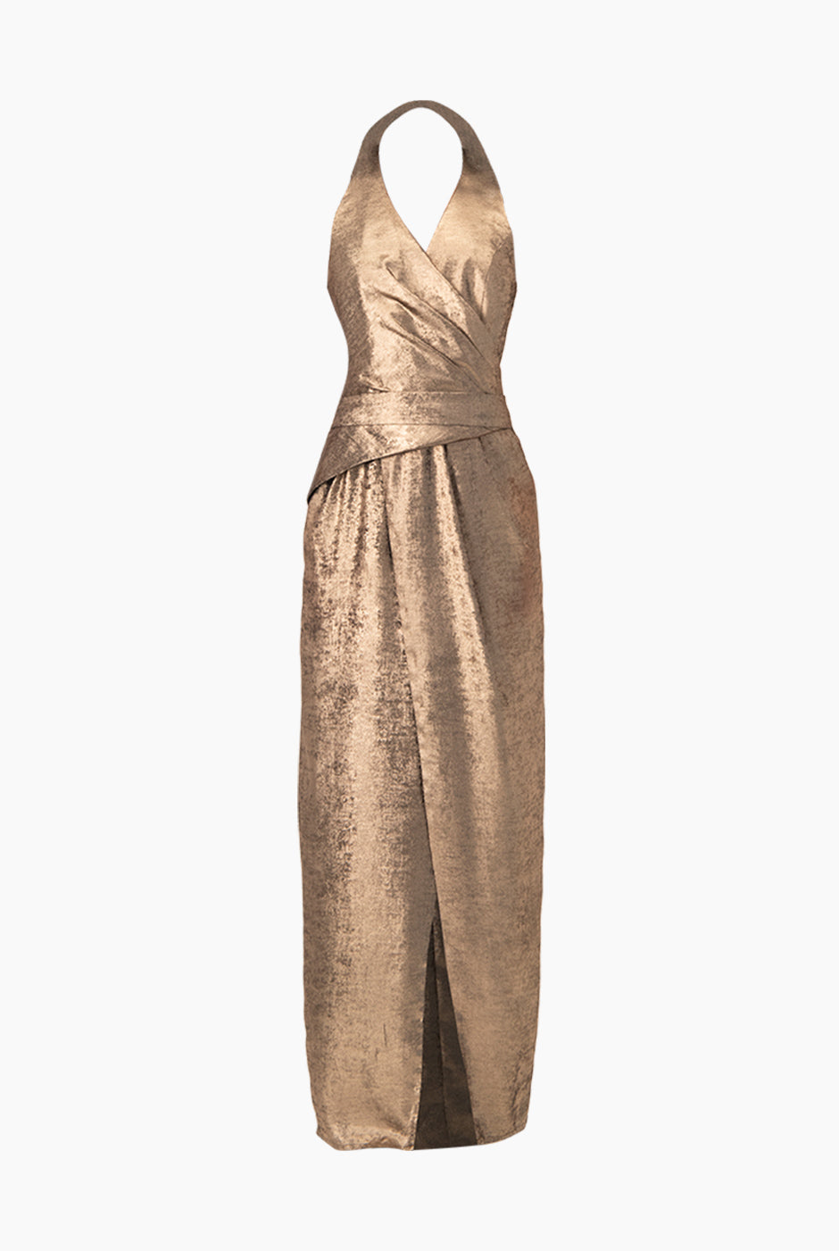 Vestido largo dorado con cuello halter y escote en V